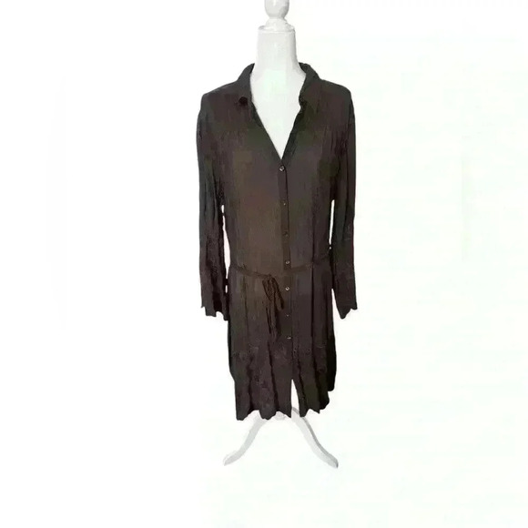J. Jill Embroidered Button-Up Shirt Dress XL - Brown, Tie Waist, Scalloped Hem - Picture 1 of 7